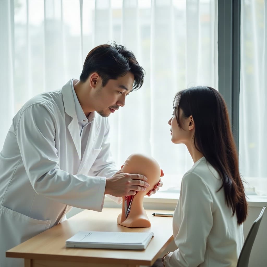 밝은 성형외과 상담실에서 한국인 남성 전문의가 목과 턱 근육 구조 모형을 짚으며 이중턱 근육묶기 원리를 여성 내원객에게 설명하는 모습