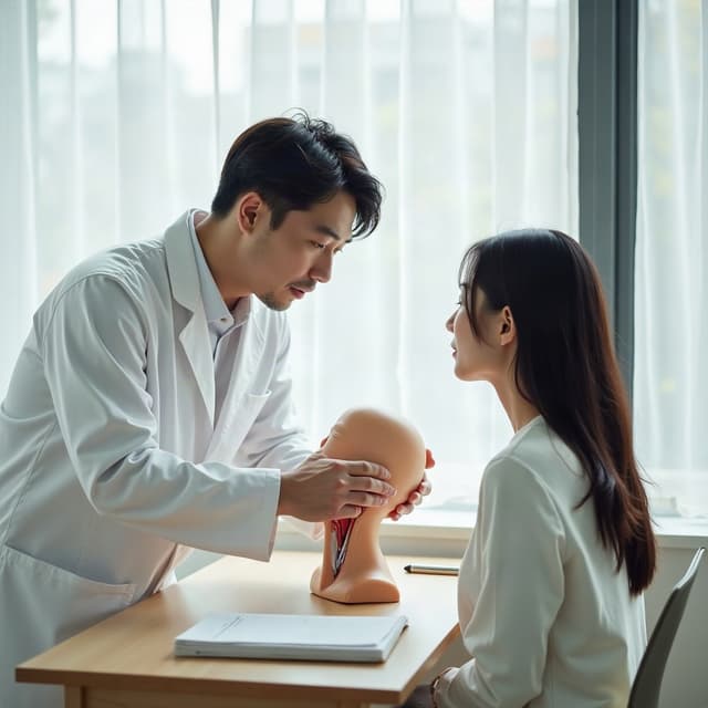 밝은 성형외과 상담실에서 한국인 남성 전문의가 목과 턱 근육 구조 모형을 짚으며 이중턱 근육묶기 원리를 여성 내원객에게 설명하는 모습