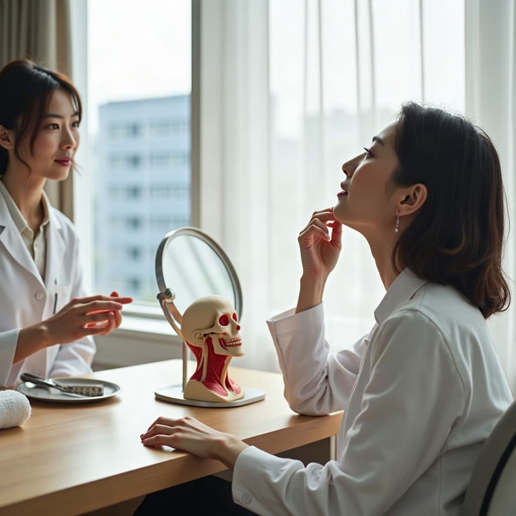 성형외과 상담실에서 한국인 여성이 거울을 보며 턱선을 확인하고 옆에서 의사가 목 근육 모형으로 설명하는 모습