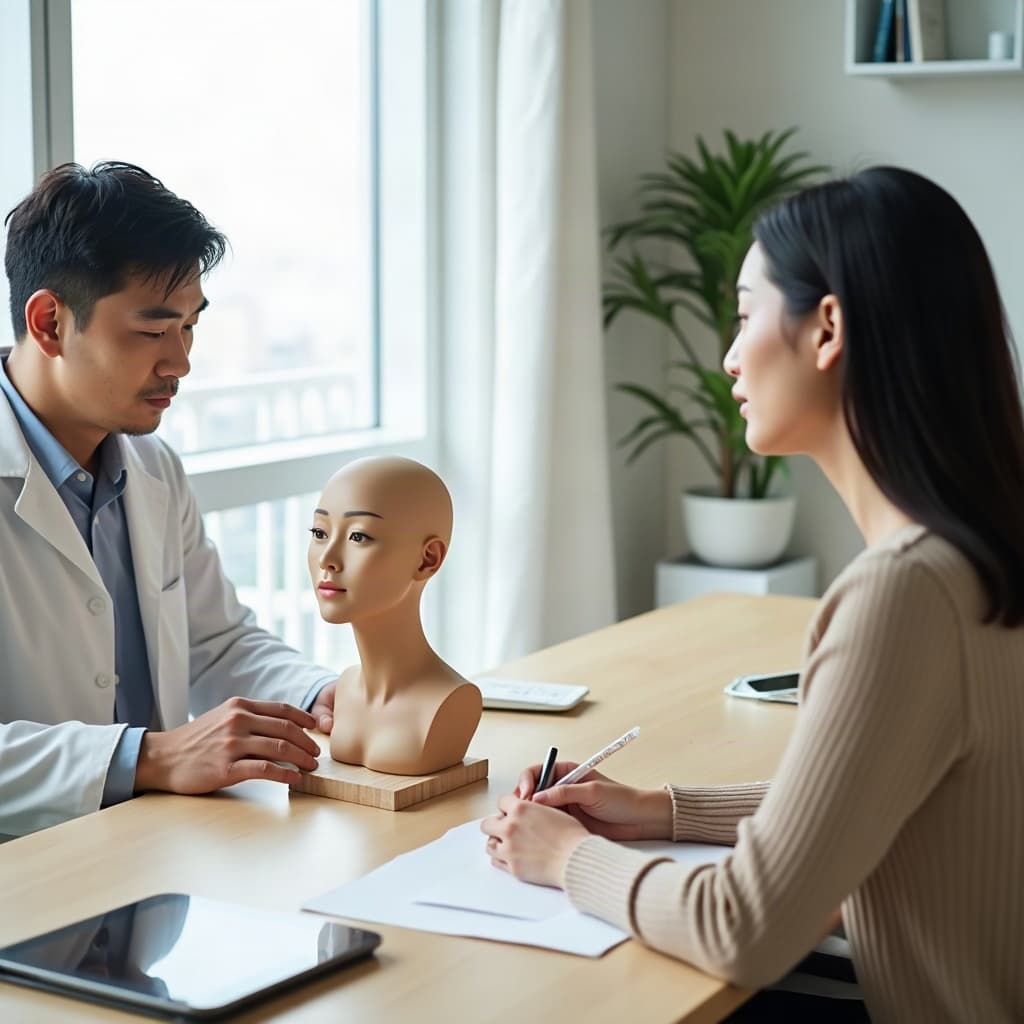 성형외과 상담실에서 한국인 의사가 턱과 목 해부 모형을 가리키며 여성 상담자에게 이중턱 근육묶기 수술 원리와 비용 항목을 설명하는 모습