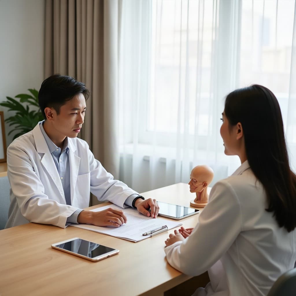 성형외과 상담실에서 의사가 차트를 펼쳐놓고 환자에게 안면거상 수술에 대해 설명하는 모습