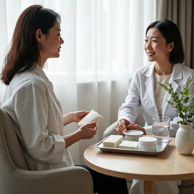 밝은 성형외과 진료실에서 의료진이 환자와 마주 앉아 회복 관리용 거즈와 압박밴드를 설명하는 옆모습 장면