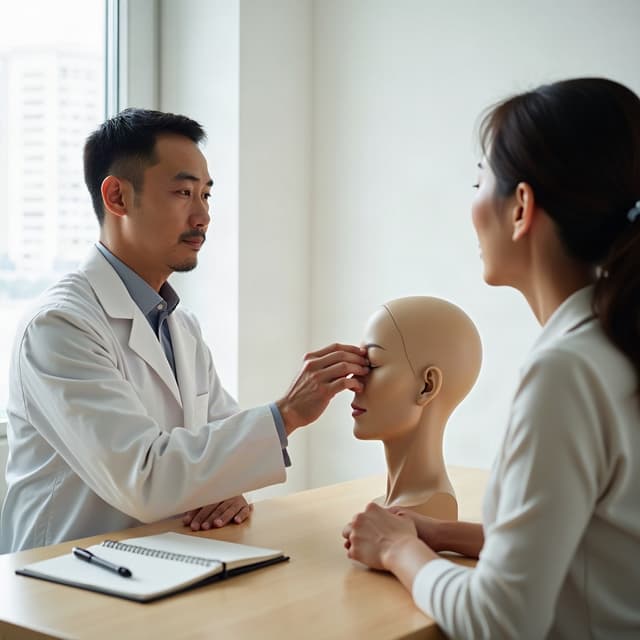 한국인 성형외과 전문의가 진료실 책상에서 얼굴 해부 모형의 볼과 턱선 층 구조를 손으로 가리키며 중년 여성 환자에게 안면거상 수술을 설명하는 모습