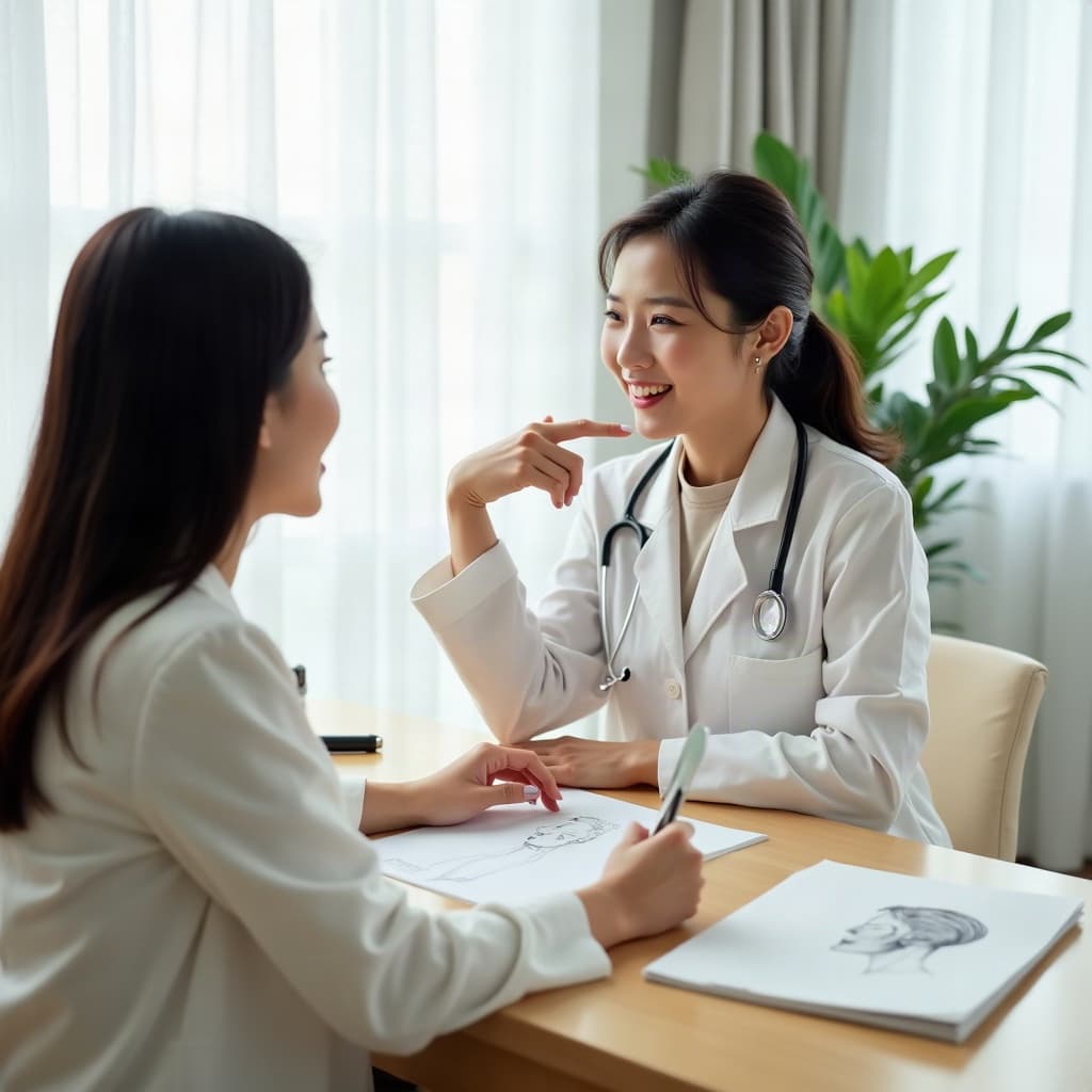 밝은 성형외과 상담실에서 한국인 여성 의사가 턱선 부위를 손짓으로 가리키며 환자에게 설명하는 모습